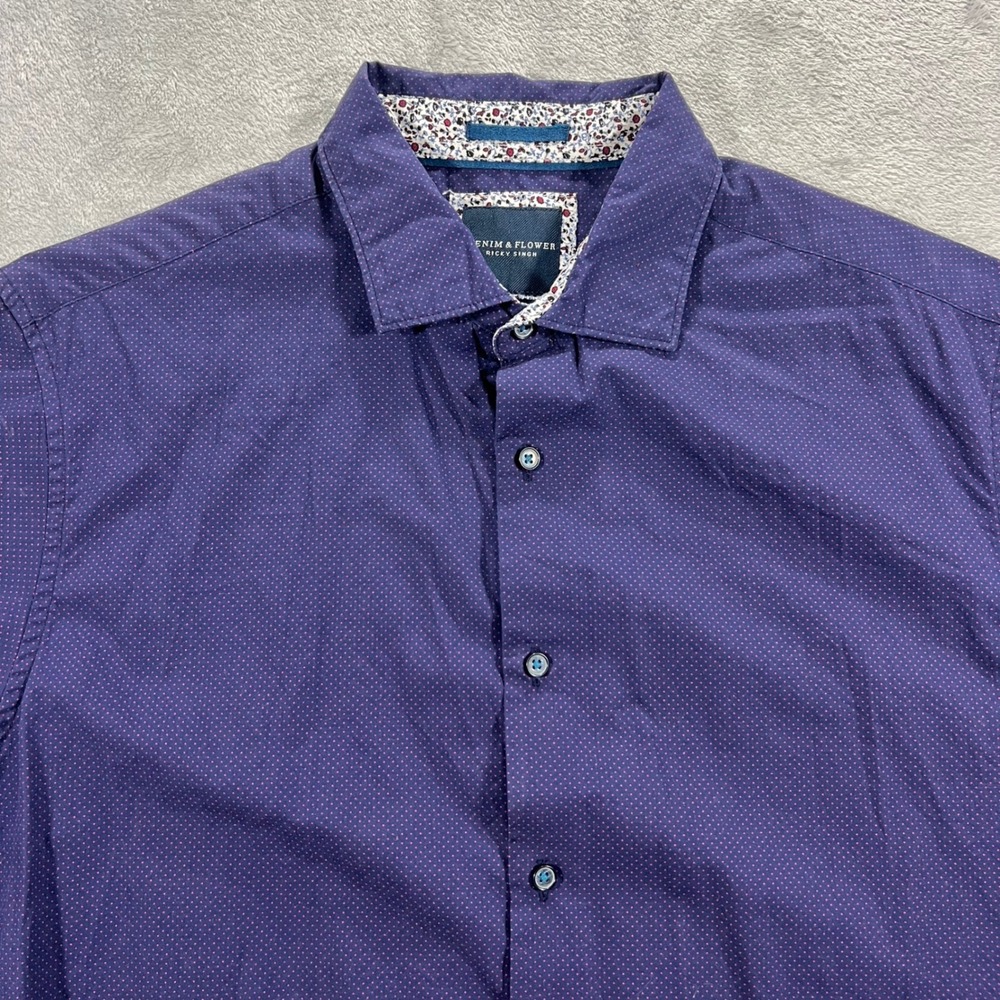 Denim & Flower Ricky Singh‎ Shirt Mens L Navy Blue Micro Dot Short Sleeve Floral